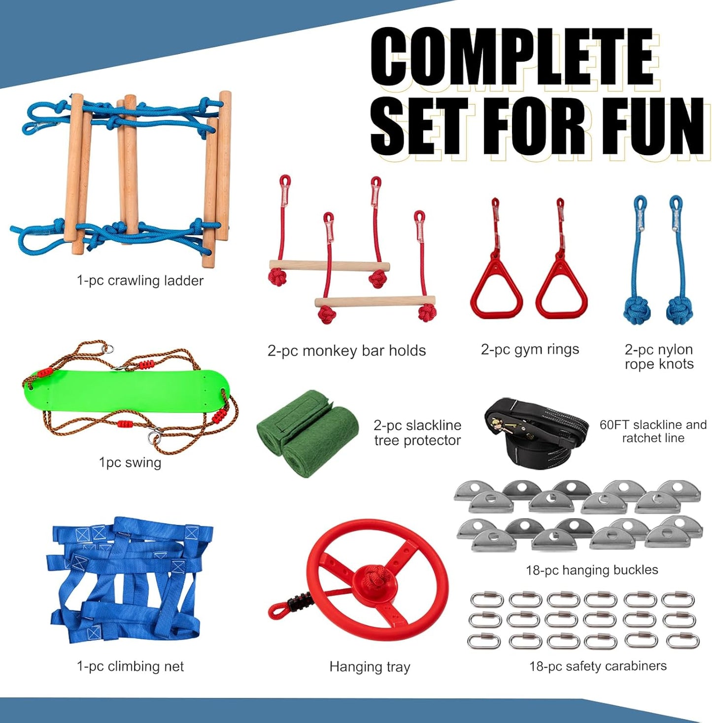 Slsy 60FT Ninja Warrior Obstacle Course (10 Obstacles), Ninja Slackline Kit for Kids, Durable Playset Equipment with 10 Complete Set-Monkey Bar,Swing, Climbing Ladder & Net