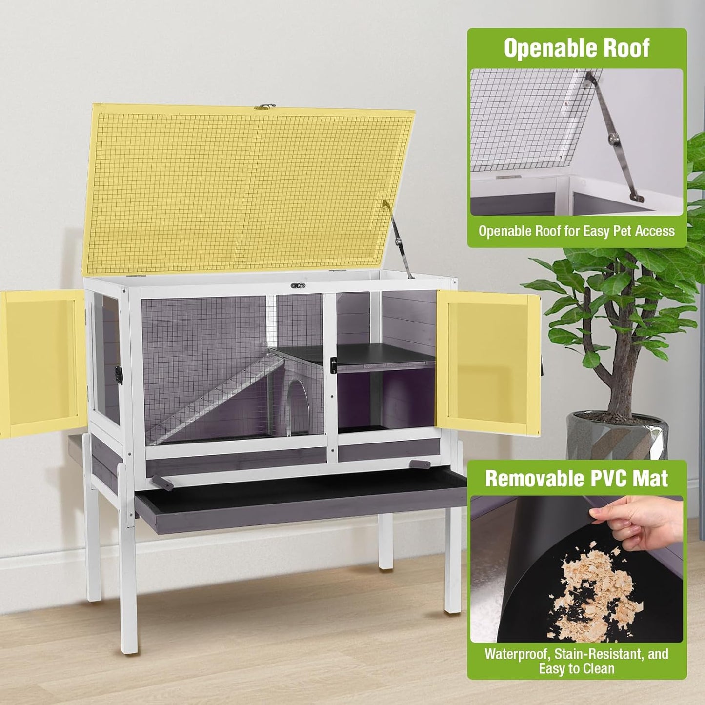 GUTINNEEN Indoor Guinea Pig Cage Rabbit Hutch with Chew-Proof Ramp, 2-Story Wooden Bunny House with Pull-Out Trays & Leakproof PVC Layer, Small Animal Cages with Detachable Legs (Gray)