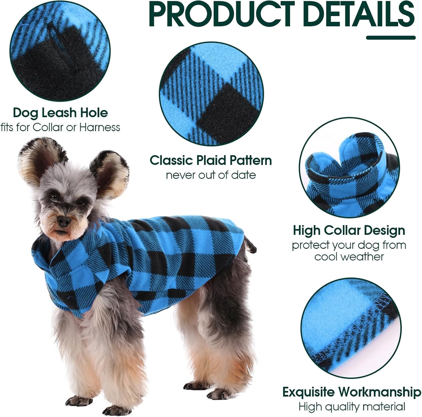 Kuoser Dog Fleece Vest,Warm Plaid Dog Sweater with Leash Hole,Soft Turtleneck Winter Pet Jacket Dogs Coat Pullover Clothes for Small Medium Dogs Cats,Spring Fall Cold Weather Christmas Outfit,Blue XS
