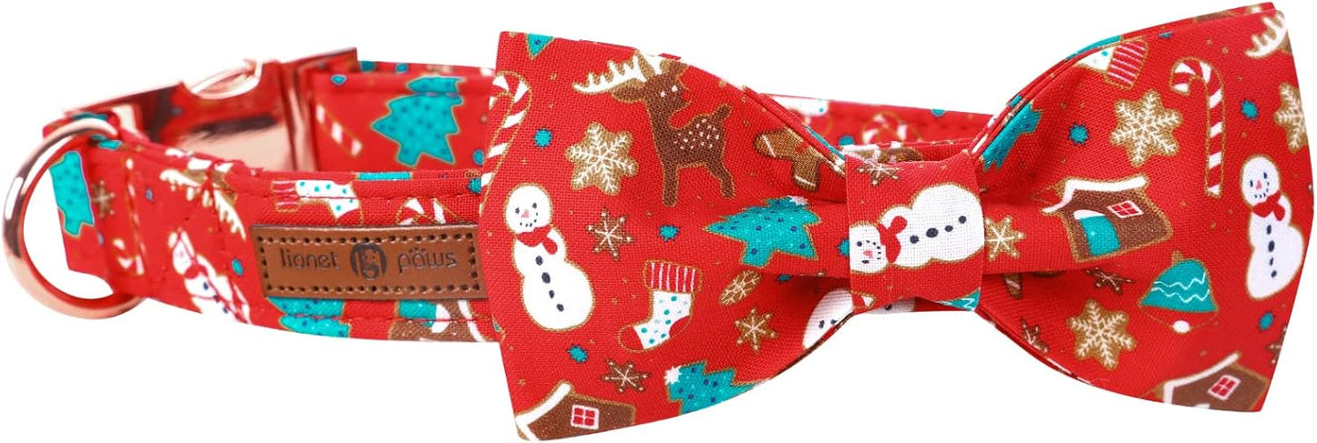 Lionet Paws Christmas Dog Collar with Bowtie, Dog Bowtie Collar with Metal Buckle for Dogs, Adjustable Comfortable Dog Collar Girl Boy Gift, M, Neck 13.5-22 in