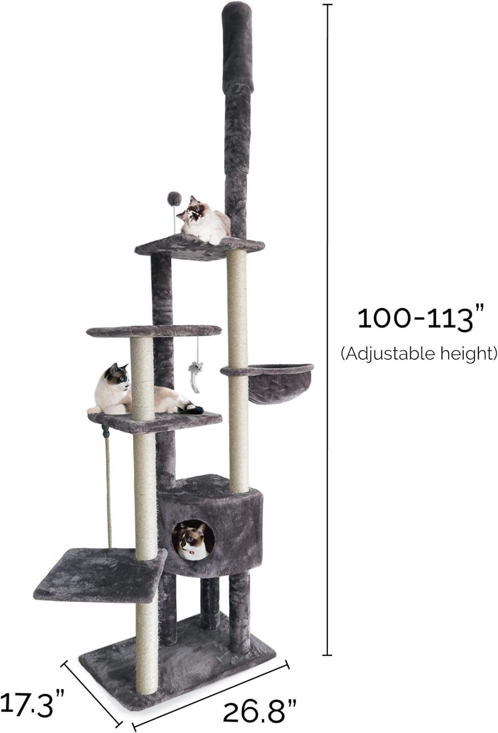 Furhaven 100"-113" Tall Cat Tree for Indoor Cats w/ Adjustable Height, Ft. Sisal Scratching Posts, Condo, & Toys - Tiger Tough Skyscraper Interactive Playground Tower - Gray, One Size