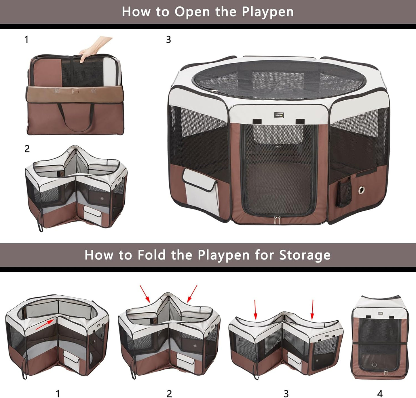 DONORO Dog Playpen Portable Pet Play Pens for Small Dog/Cat/Rabbit/Chicks, Cat Playpen Indoor/Outdoor with Carring Case, Removable Zipper Top and Bottom (Brown, Medium (35"x35"x20"), 8)