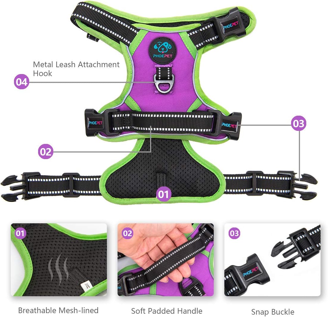 PHOEPET 2019 Reflective Dog Harness Large Breed Adjustable No Pull Vest with with Handle 2 Metal Rings 3 Buckles [Easy to Put on & Take Off](XL, Purple)