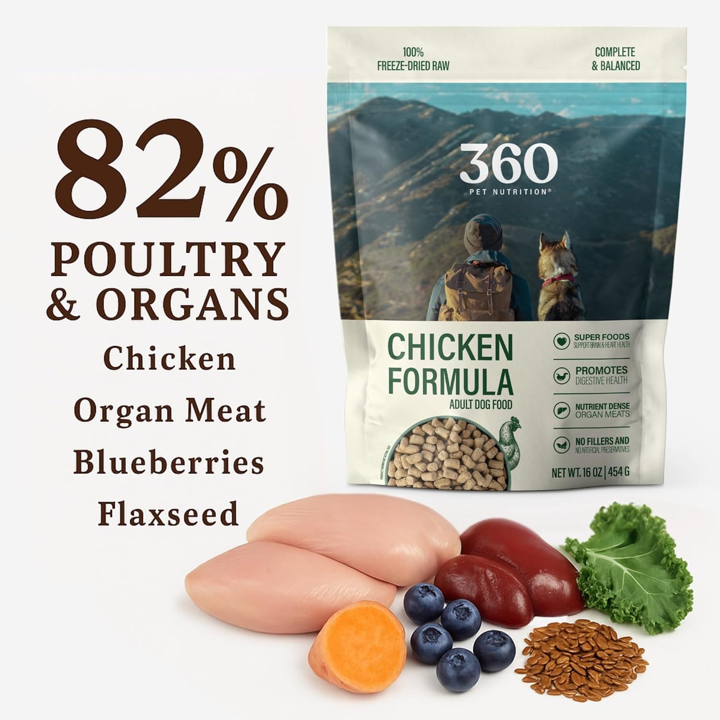 360 Pet Nutrition Freeze-Dried Raw Dog Food – Chicken Recipe with Liver & Organs, High Protein, Omega-3s, Fruits, Veggies & Superfoods, Grain-Free, No Fillers, 1 lb – Made in USA