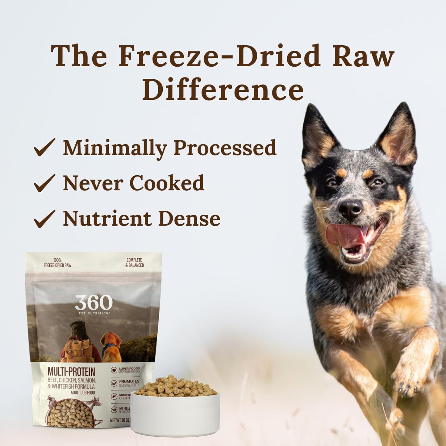 360 Pet Nutrition Freeze-Dried Raw Dog Food – Multi-Protein with Beef, Chicken, Fish, Liver & Organs, High Protein, Omega-3s, Fruits, Veggies & Superfoods, Grain-Free, No Fillers, 1 lb – Made in USA
