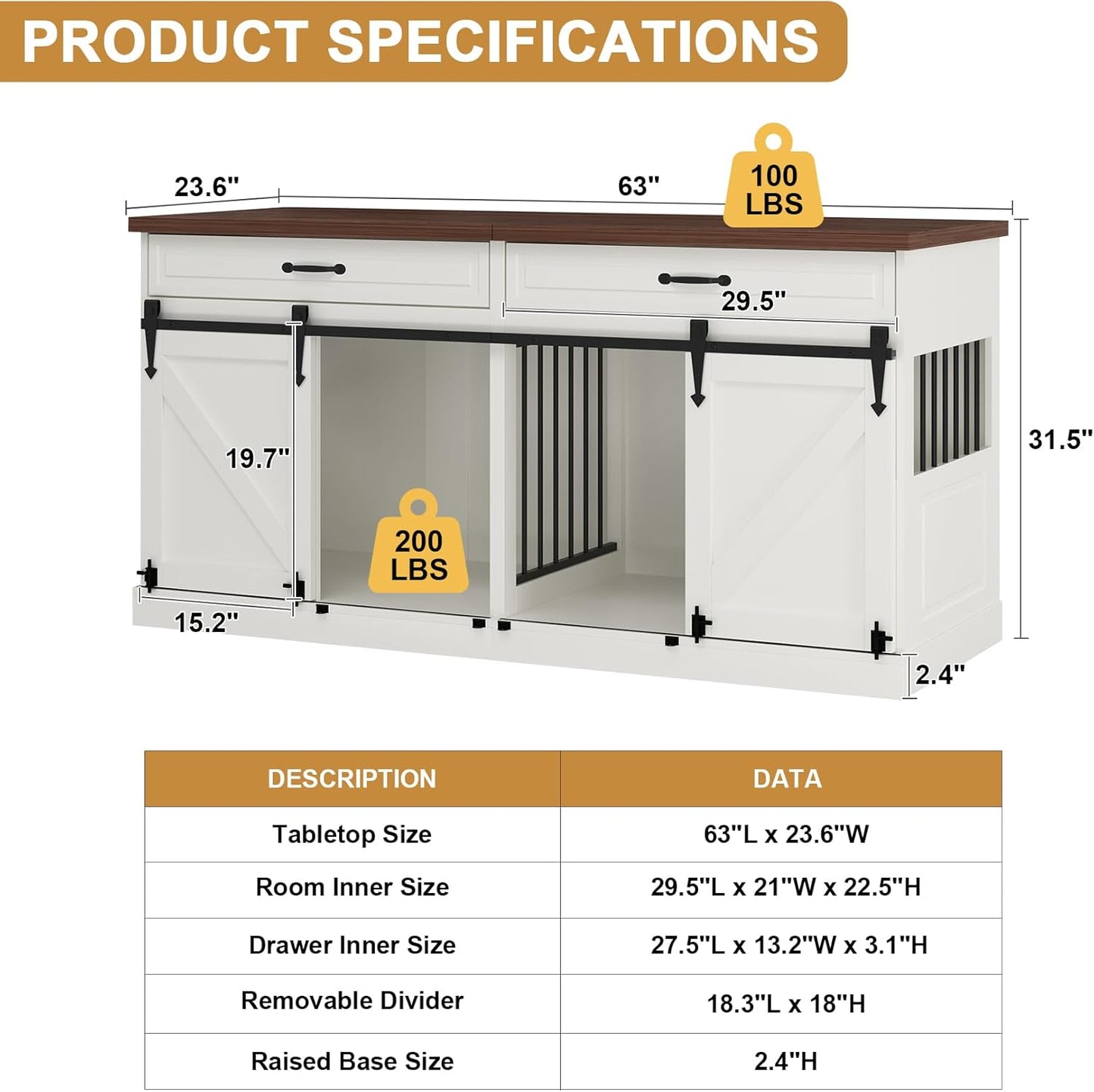 Large Dog Crate Furniture - Wooden Indoor Dog Kennel Furniture for 2 Dogs with Sliding Barn Door and Removable Divider, Heavy Duty Dog Crate Table, 63" L x 23.6" W x 31.5" H, White