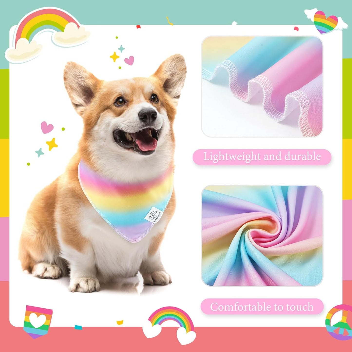 E-Clover Rainbow Dog Bandana & Matching Scrunchie Pink Purple Yellow Pet Dog Scarf Cute Dog Costumes Accessories for Small Medium Large Dogs