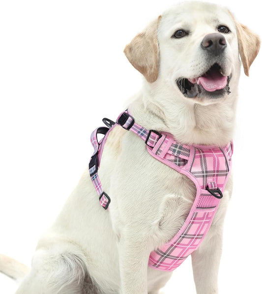 PUPTECK No Pull Dog Harness for Large, Adjustable Reflective Dog Harness with Handle Easy Control, Comfortable Soft Padded Pet Vest Harness for Large Dogs, Plaid Pink L