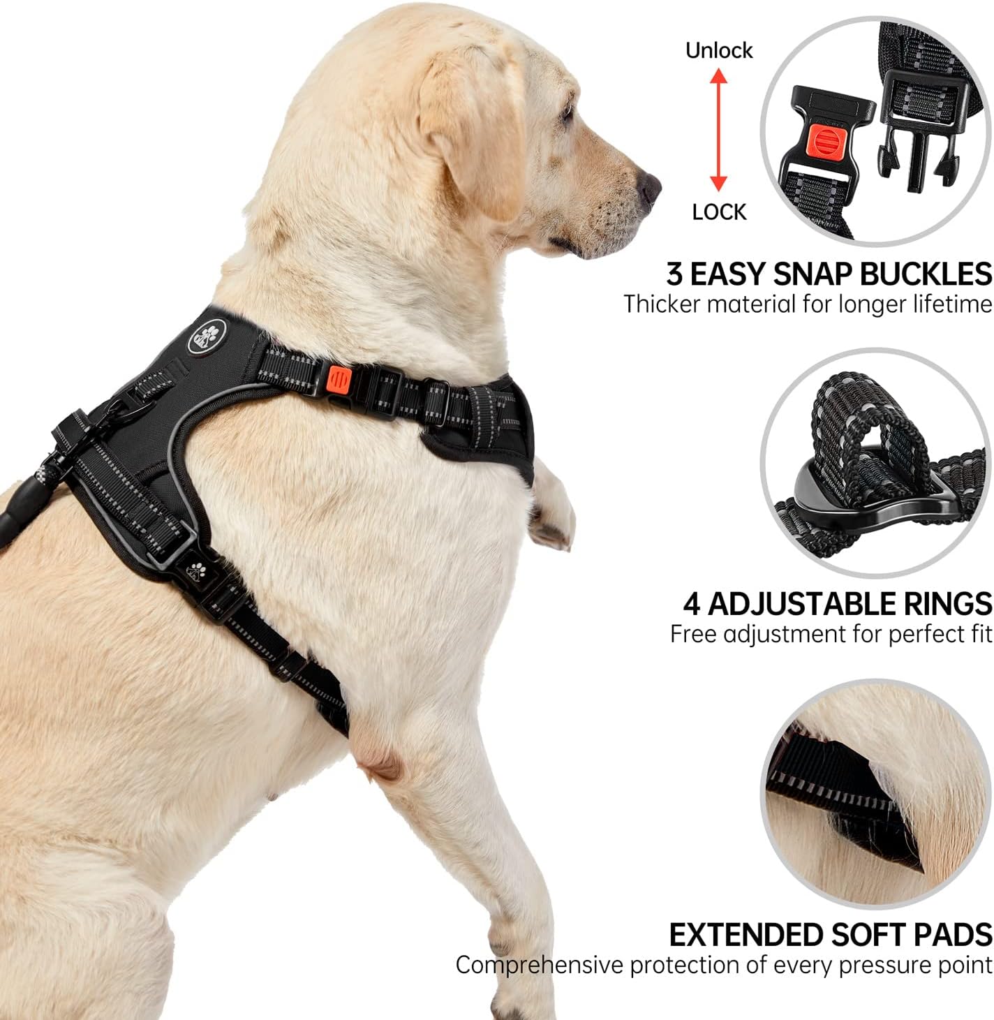 NESTROAD No Pull Dog Harness,Adjustable Oxford Dog Vest Harness with Leash,Reflective No-Choke Pet Harness with Easy Control Soft Handle for Large Dogs(Large,Black)