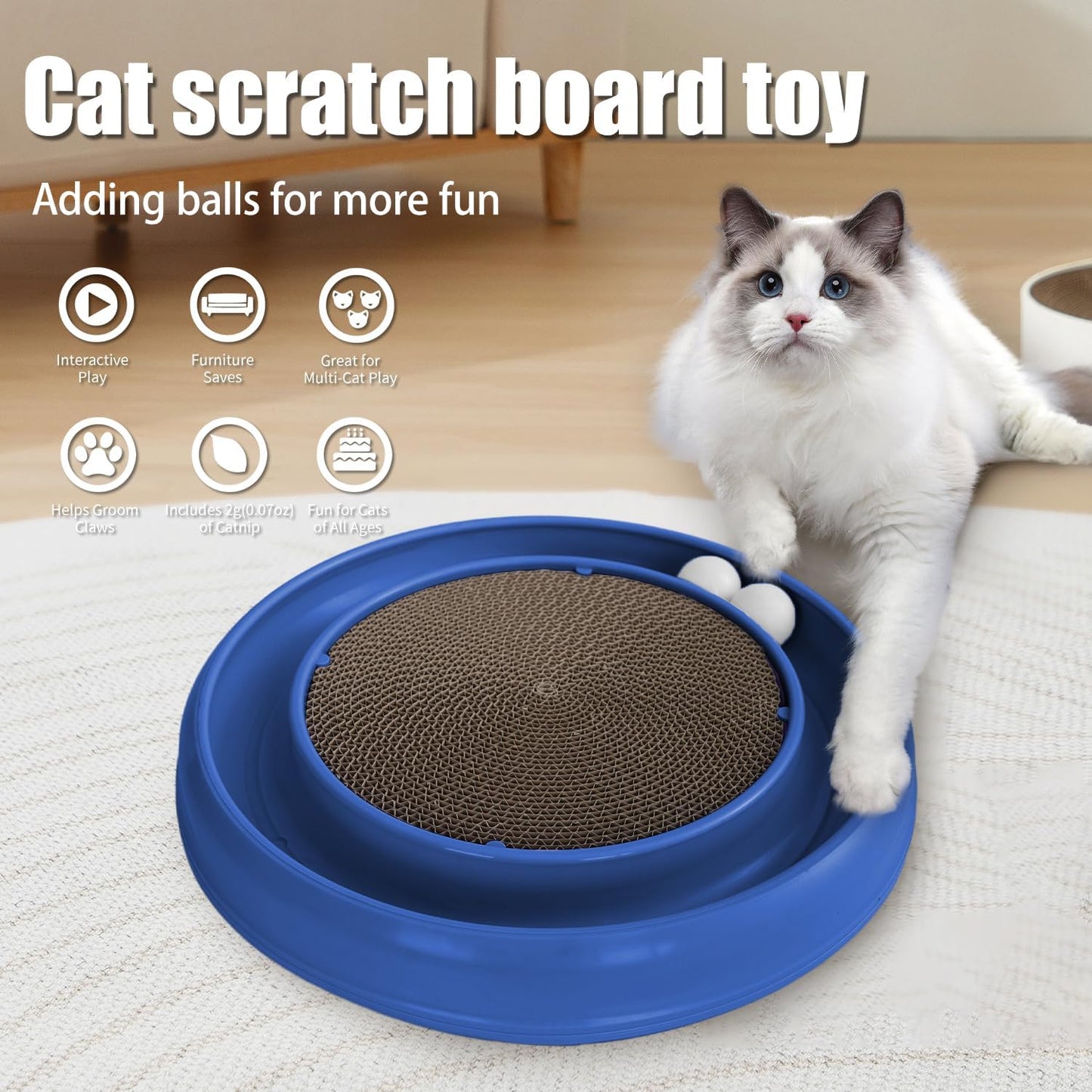 Interactive Cat Scratcher with Two Rotating Balls,Durable Scratch Pad for Indoor Play,Cardboard Cat Scratcher Pad with Cat Toy Ball Track and Catnip,2-in-1 Cat Toy (Blue)