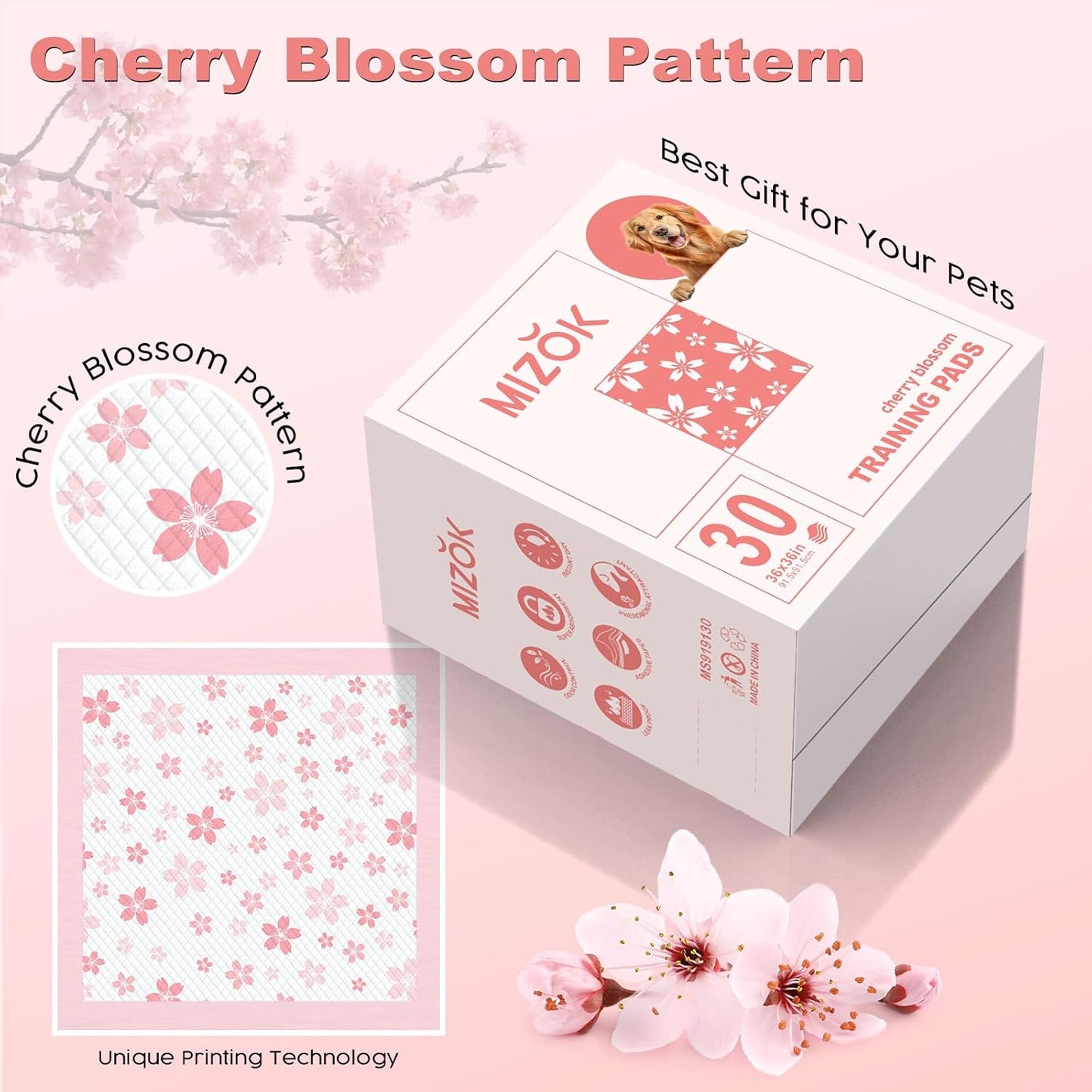 MIZOK 36x36 Puppy Pads Pink, Dog Pee Pads Leak-Proof with Quick-Dry Surface, Dog Pads Extra Large with Cherry Blossom Prints, Pee Pads for Dogs Super Absorbent (30 Count)