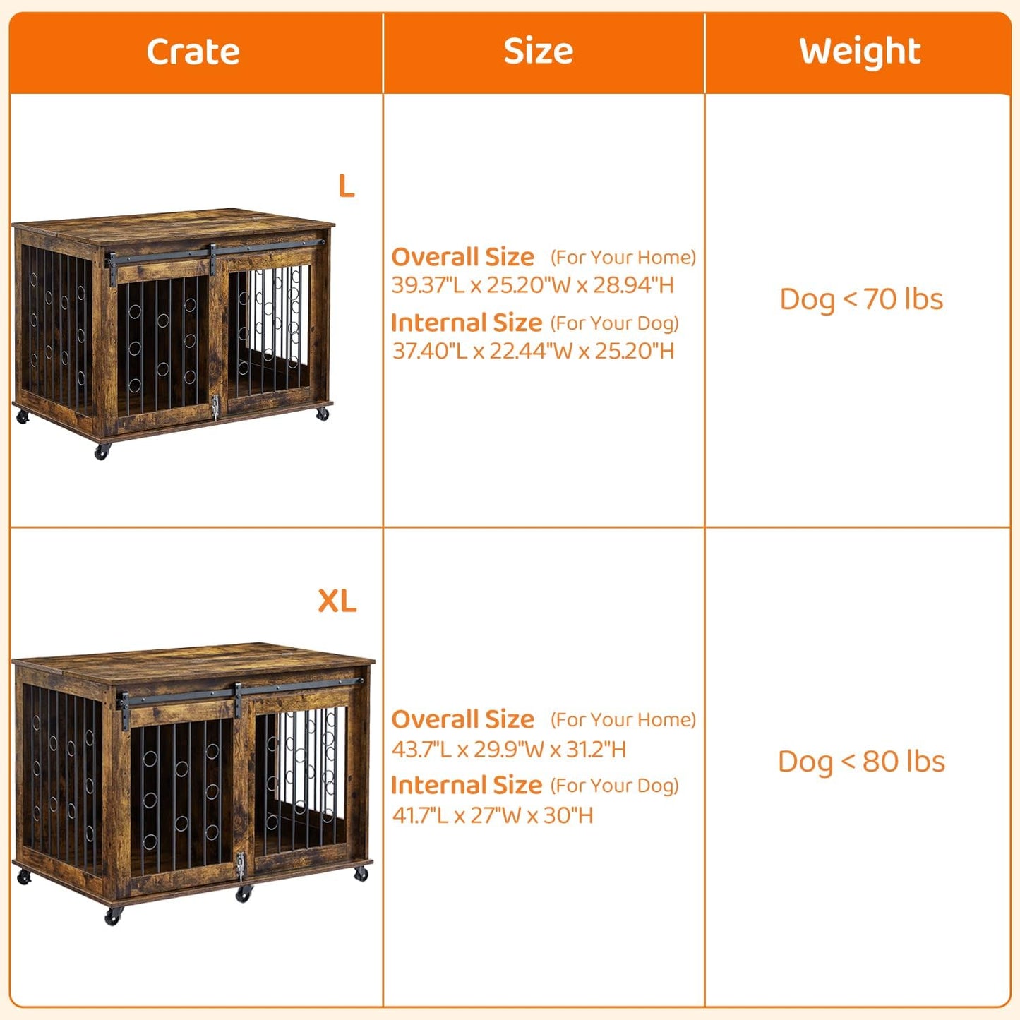 IchbinGo Large Dog Crate Furniture with Sliding Barn Door, 43.7" Wooden Dog Kennel End Table with Wheels and Flip-top Plate Dog House with Detachable Divider for Small/Medium/Large Dog (Rustic Brown)