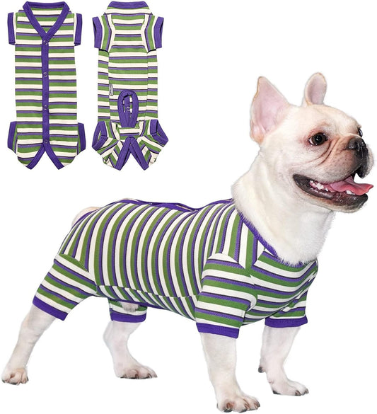 TONY HOBY Dog Pajamas, Knitted Dog Jumpsuit Shirt in Cold Weather, Dogs Surgical Recovery Suit for Small Medium Dogs (Purple&Green, Boy, M)