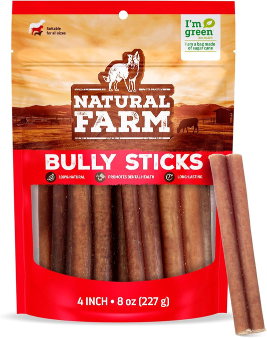 Natural Farm Odor-Free Bully Sticks (4”, 8oz) All-Natural Long-Lasting Chews, 100% Beef Pizzle, Grass-Fed, Grain-Free, Hormone-Free, Protein for Muscle Development & Energy, Perfect for Small Dogs