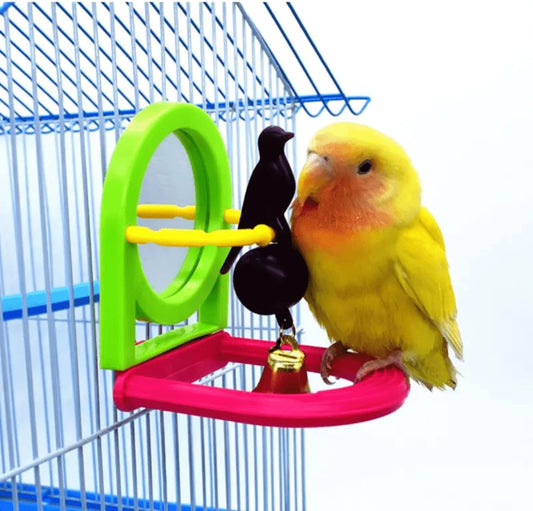 Bird Mirror for Cage, Bird Mirror Toy with Paddle Wheels and Perch, Bird Hanging Training Toys for Cage, Parrot Foraging Toys, Bird Interactive Intelligence Toy Random Color (Bird Clock)