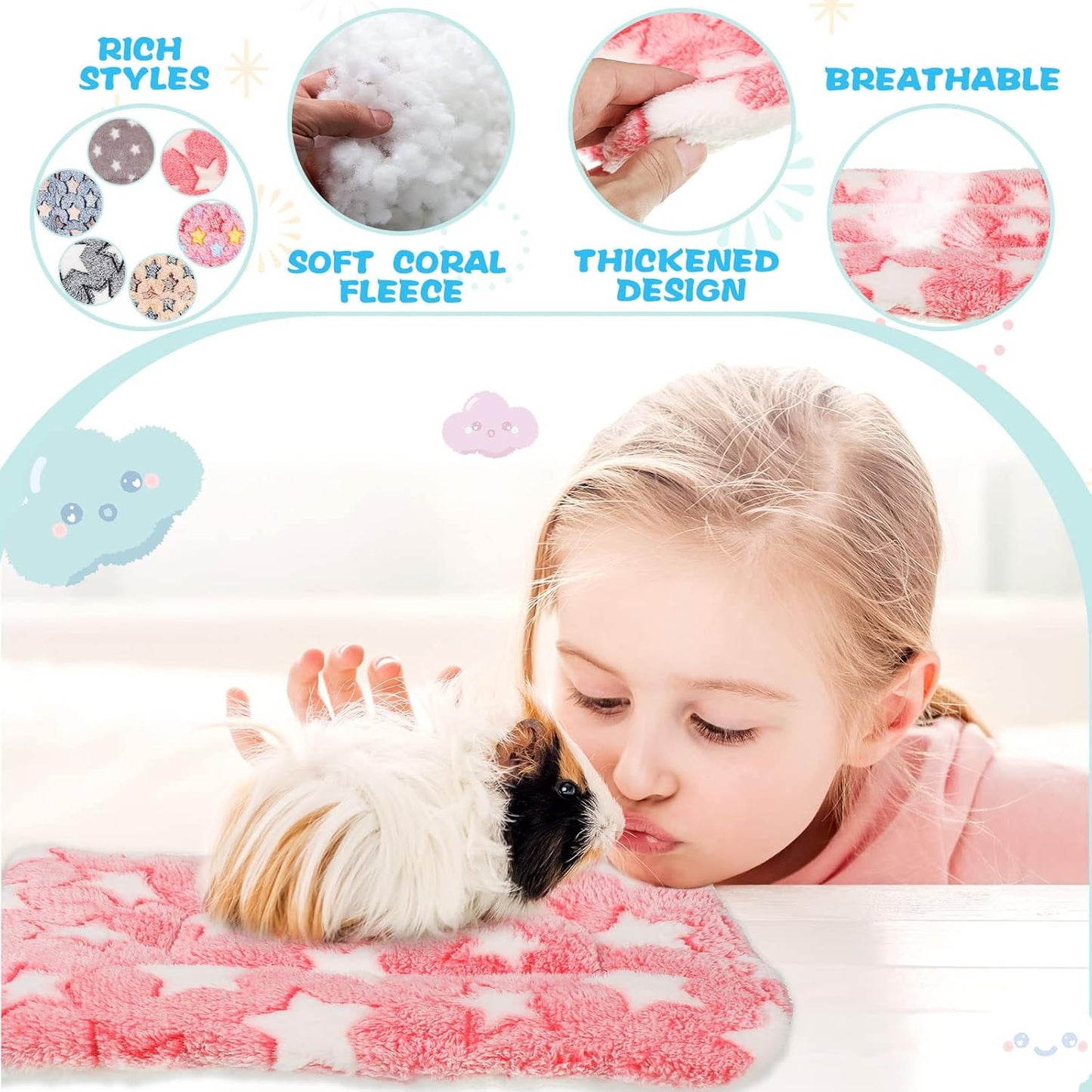 Yulejo 6 Pieces Guinea Pig Bed Mats with Cleaning Dustpan Brush Washable Plush Cage Lines Soft Fleece Sleeping Bedding Pads for Hamster Bunny Chinchilla Squirrel Small Animals (Cute Color, Star)