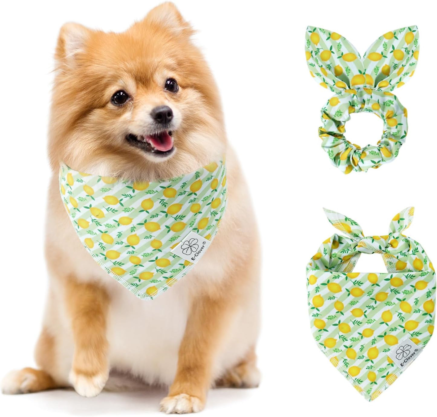E-Clover Summer Lemon Dog Bandanas & Matching Scrunchie Set Green Stripe Dog Scarf Bibs Pet Bandana with Bow Tie for Small Dogs Puppy Owner Mom