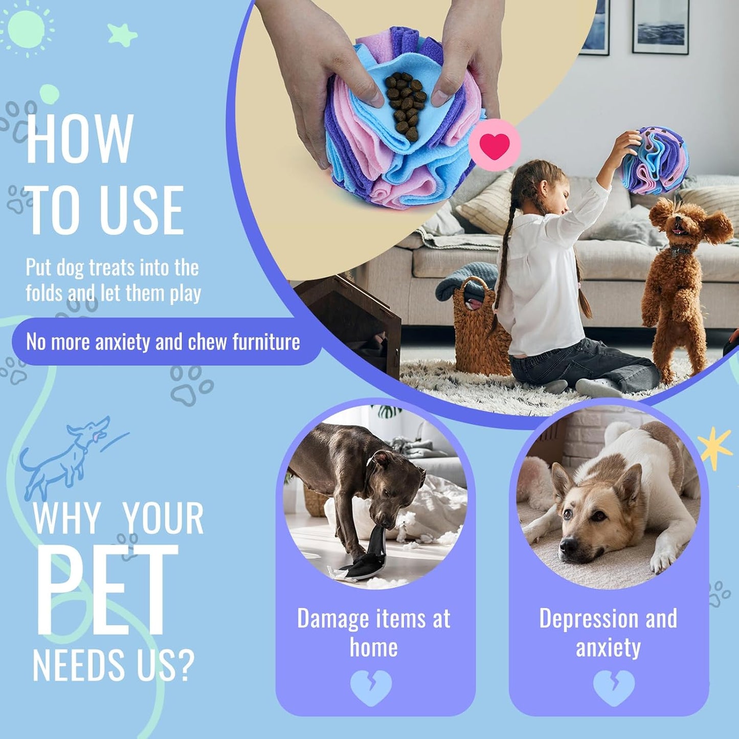 Pet Snuffle Ball, Puzzle Sniffing Interactive Dog Ball for Blind Dogs Training Stress Relief Dog Enrichment Toys Treat Machine Washable (Macarons Color, 10cm)