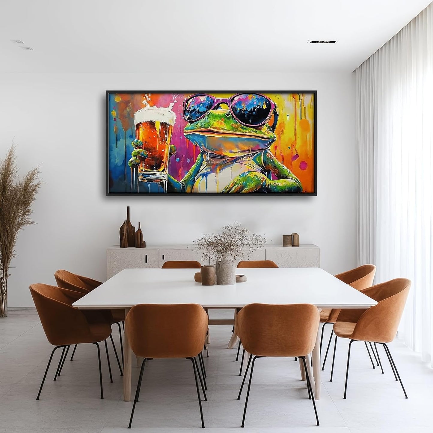 Large Graffiti Frog Wall Art for Living Room, Framed Oversized Funny Frog Beer Wall Decor Colorful Animal Canvas Painting Modern Artwork for Bathroom Bedroom Office Dining Room 60"x30"