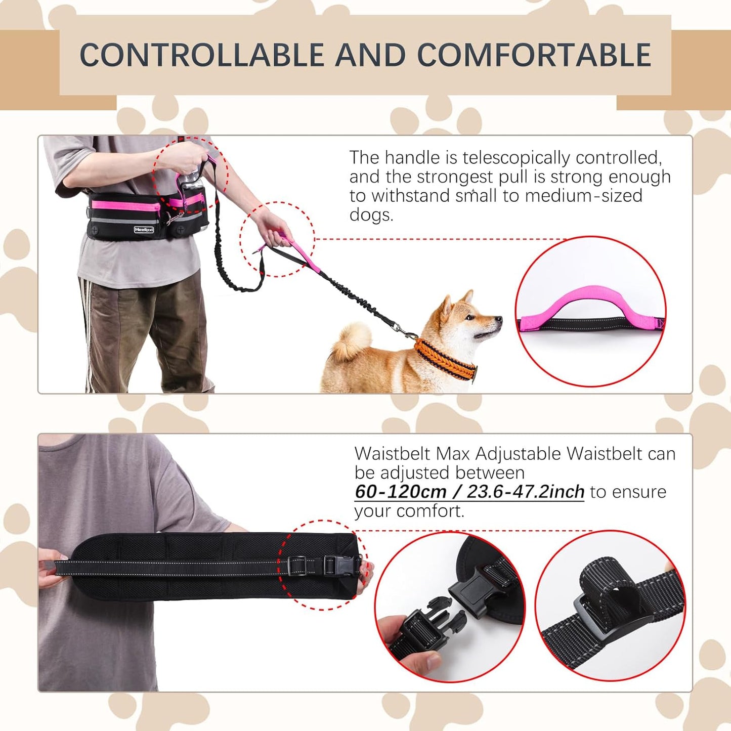 Hands-Free Dog Leash with Pouch, Waist Leash for Walking Two Dogs, Reflective Stitching, Dual Handle, Bungee Retractable for Medium to Large Dogs - Pink,Dog Walking Accessories