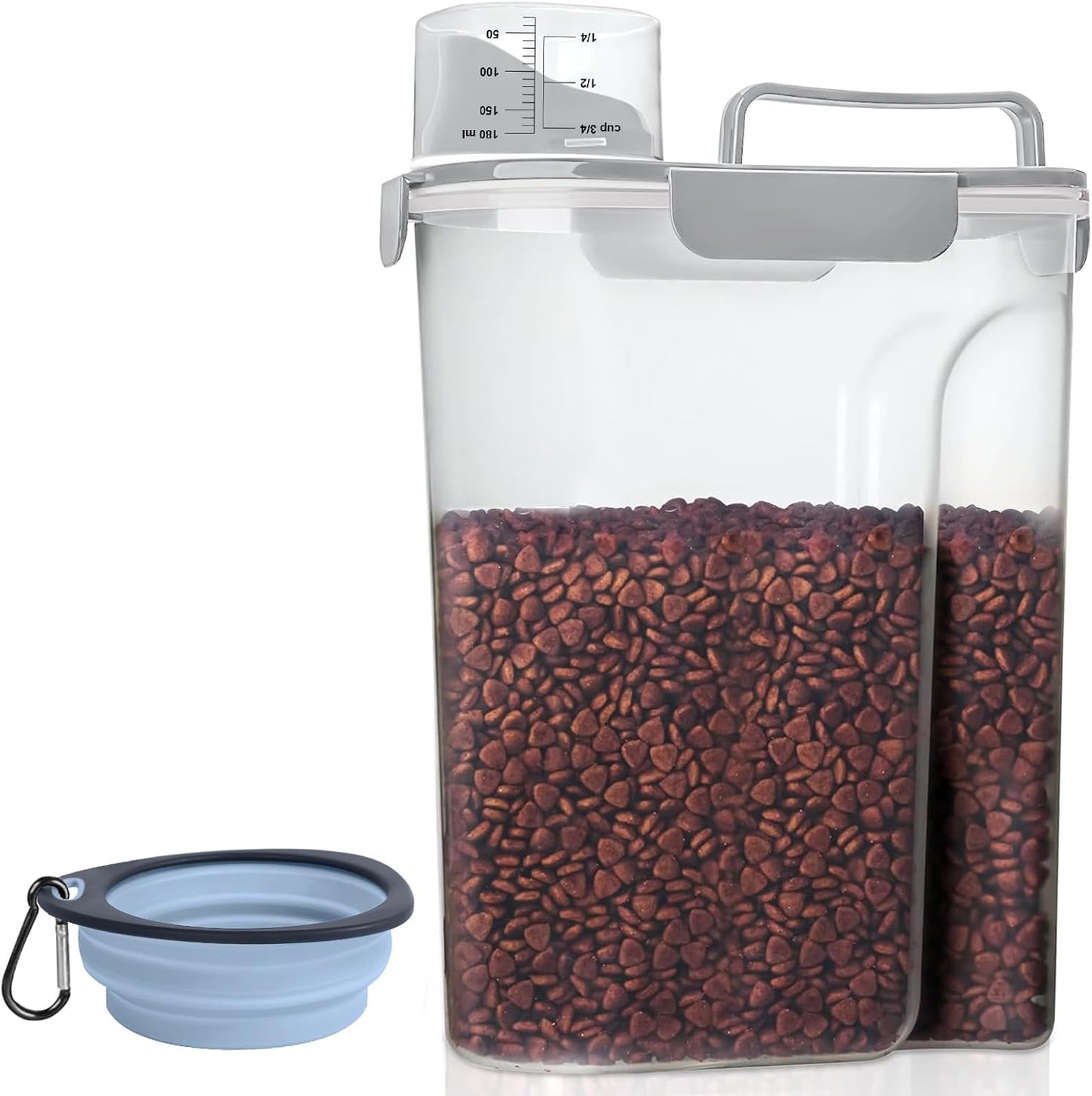 Dog Food Storage Container, Upgraded Large Nozzle BPA-free, 8-12 LBS Plastic Pet Food Storage Containers, With 4 Sealed Clasps, 1 Measuring Cup and Handle (1, Elegant Gray, 5L)