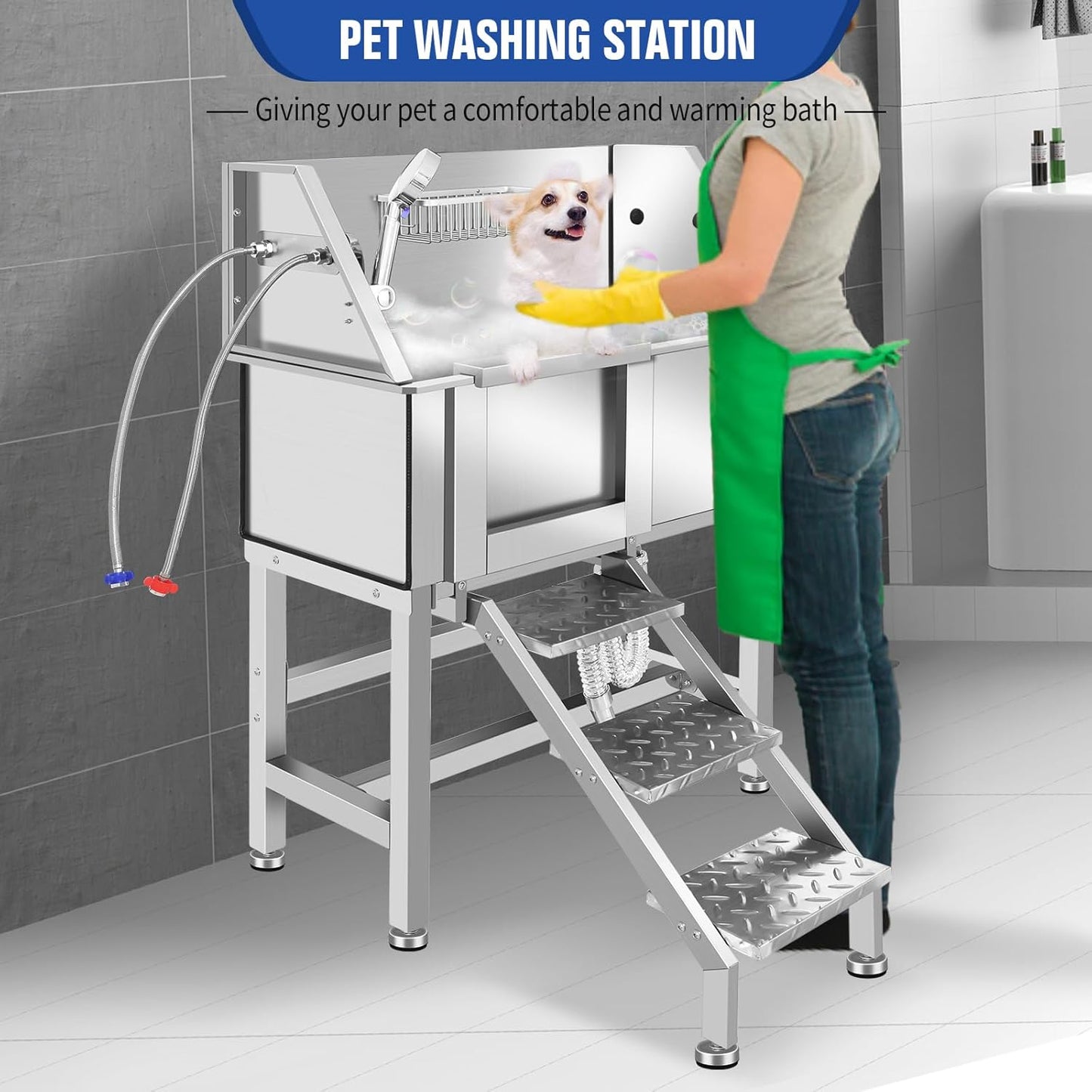 Dog Washing Station 38'' Stainless Steel Pet Grooming Tub for Large Dogs Over-Size Professional Dog Grooming Bathtub Station Wash Shower Sink Pet Grooming Bathtub Station