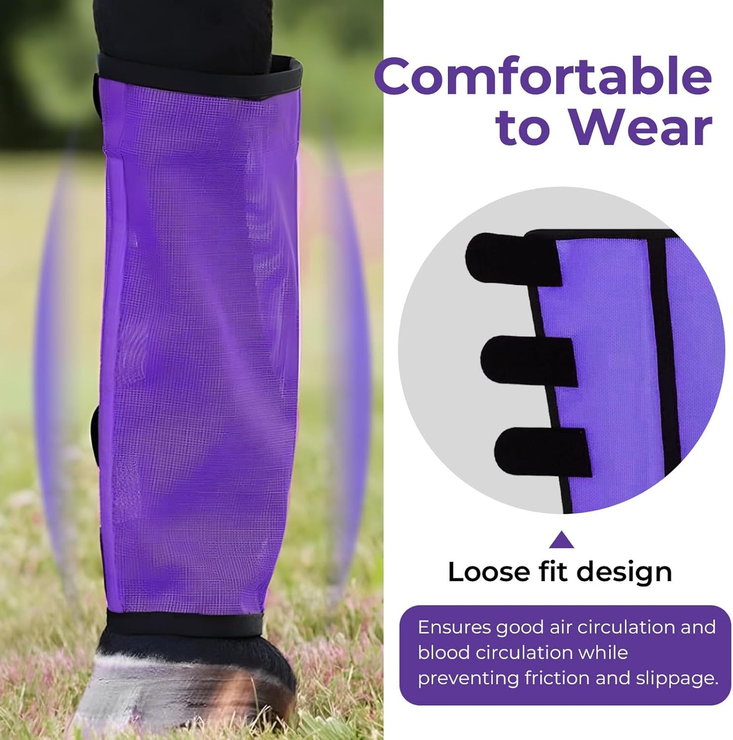 Mesh Horse Fly Boots Set of 4，Adjustable and Universal Loose Fitting & Non-Slip Horse Fly Leggings for Horses,Reduce Stressful Stomping (Purple)
