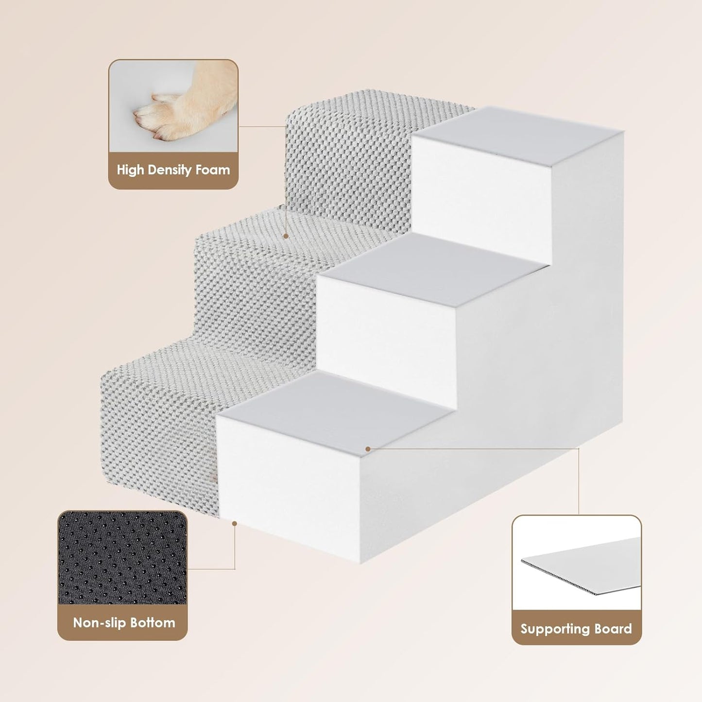 EHEYCIGA Dog Stairs for Small Dogs 13.5" H, 3-Step Dog Steps for Couch Sofa and Chair, Pet Steps for Medium Cats, Non-Slip Balanced Pet Ramp Indoor, Light Grey