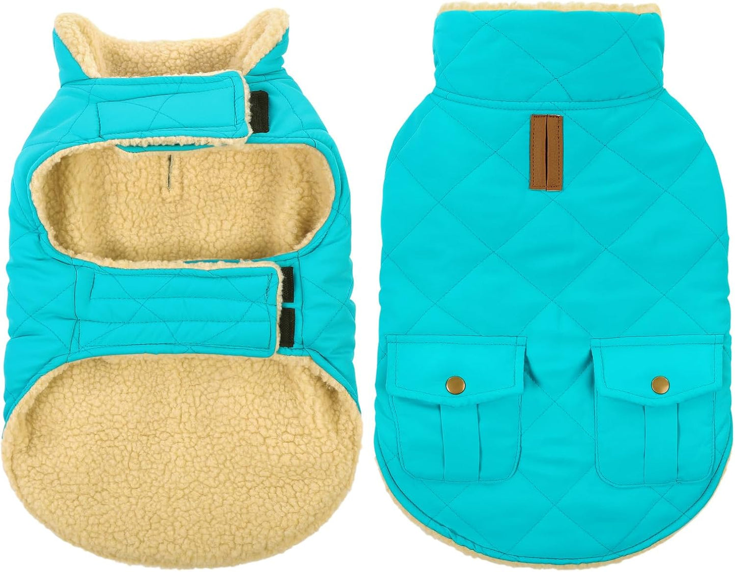 Queenmore Warm Dog Coat, Cold Weather Puffer Dog Coat Vest, Quilting Winter Pet Jacket Ultra Thick Plush Fleece Lining Pet Clothes for Dogs with Storage Pockets (Light Blue, X-Small)
