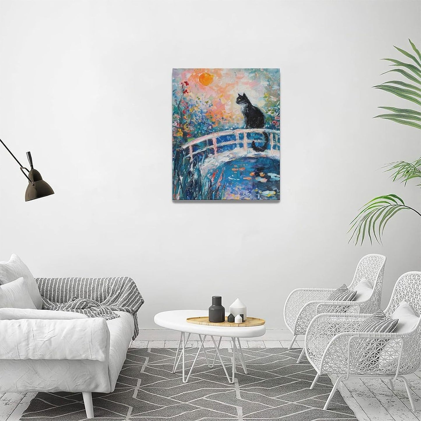 Quorin Black Cat Wall Art Water Lily Sunset Pictures Cat Wall Decor Impressionism Canvas Print Painting Artwork for Bathroom Living Room Bedroom 16"x20"