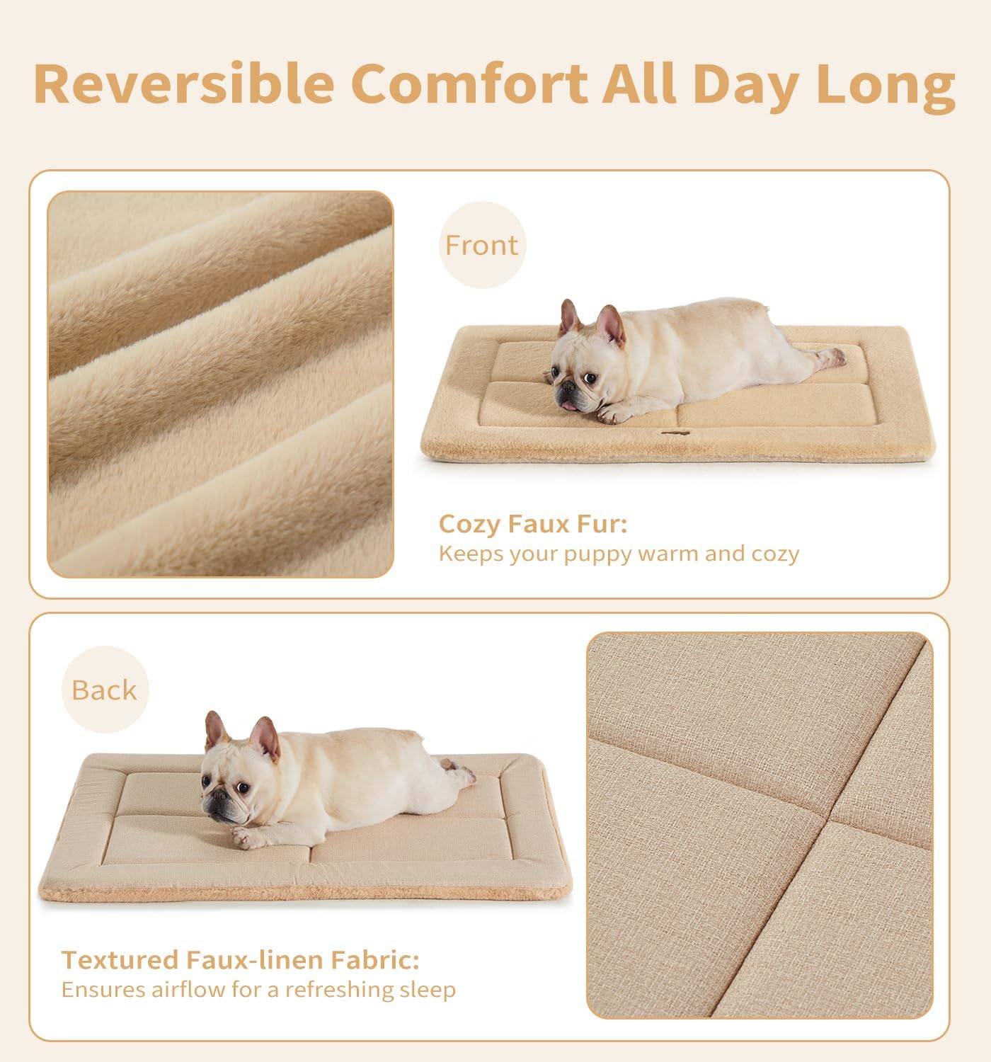 Made4Pets Dog Crate Pad Bed for Extra Large Dogs, Washable & Reversible, Anti-Slip Kennel Mat for Cozy Sleeping, Soft Fluffy Dog Bed for Indoor & Outdoor Use, 48"x30", Khaki