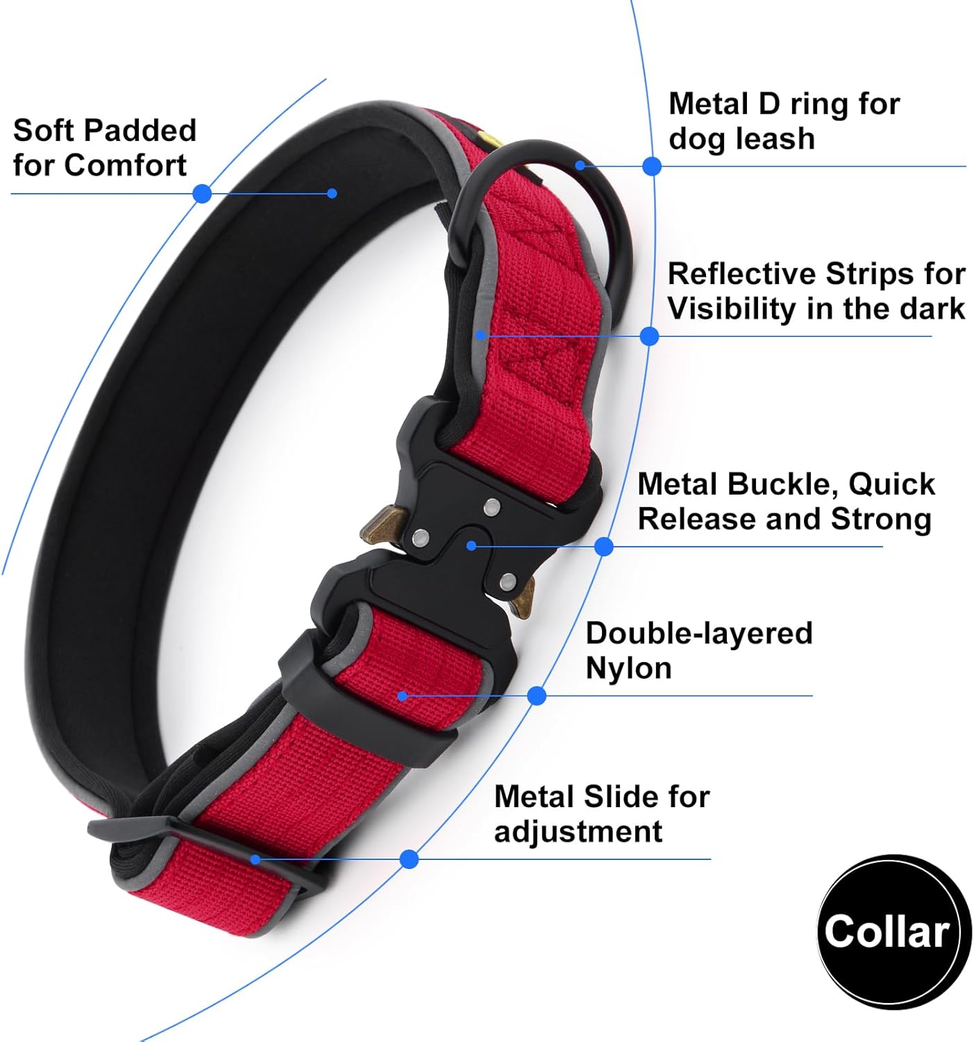 Plutus Pet Tactical Dog Collar, Reflective, Adjustable Heavy Duty Dog Collar, Soft Padded and Comfortable, for Small Medium and Large Dogs (Red, XS)