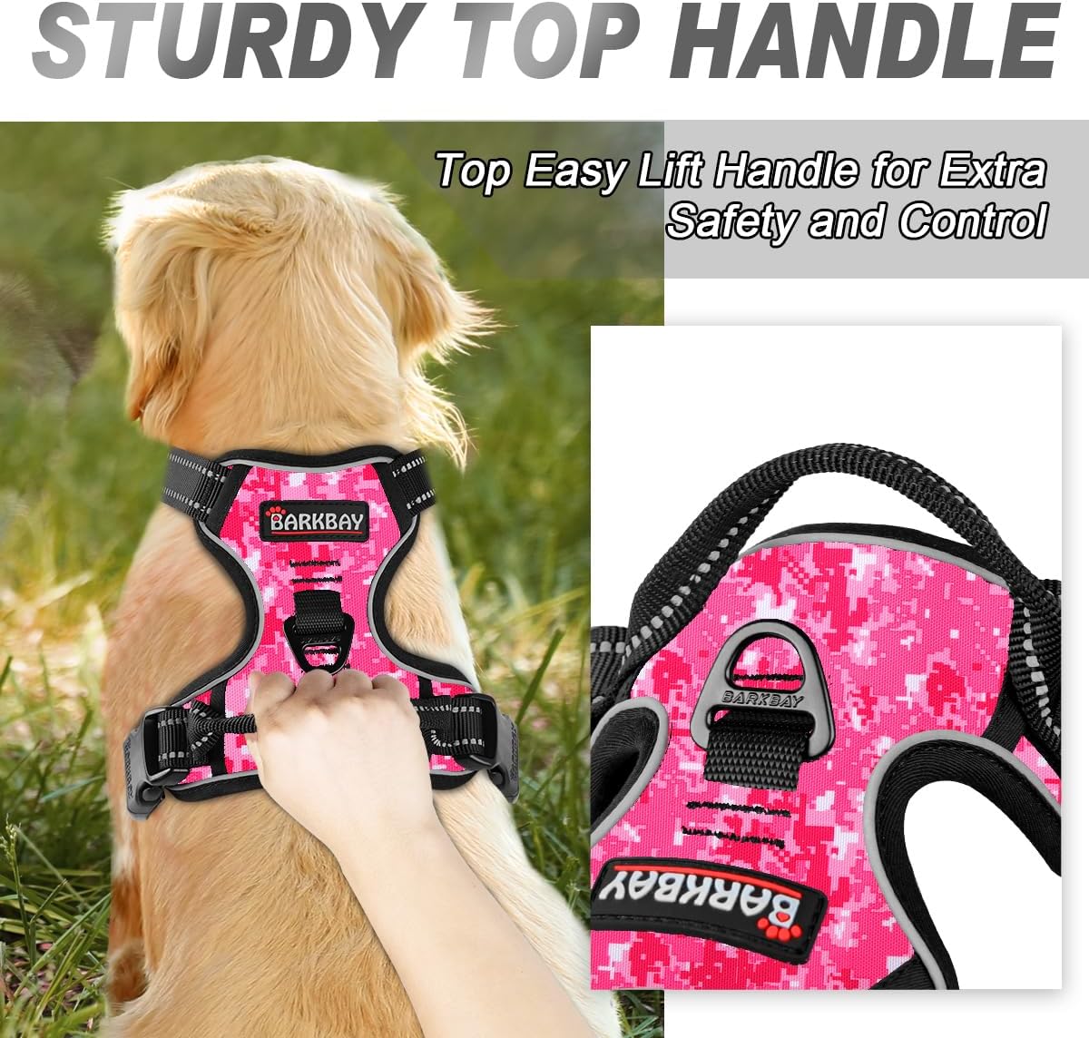 BARKBAY No Pull Dog Harness Front Clip Heavy Duty Reflective Easy Control Handle for Large Dog Walking(Pink camo,S)
