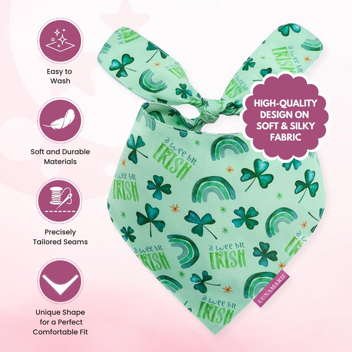 LunaMarie - Luxury Pet Birthday Bandanas -Premium & Silky Poly Fabric | 100% Handmade | Custom Shape Dual Layered (A Wee Bit Irish, X-Small)