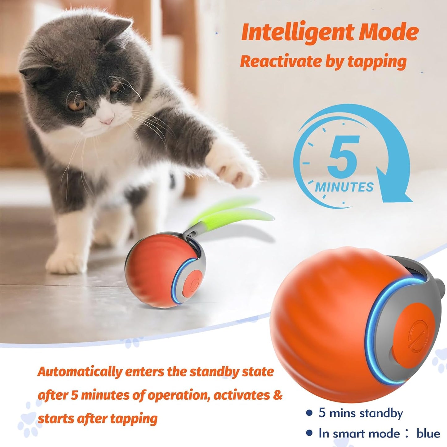 Upgraded Speedy Interactive Cat Ball 4.0 Toys with 2 Optional Tails, Smart Moving Ball Cat Toy for Bored Indoor Cats, Rechargeable & Detachable Automatic Kitten Rolling Balls Toy (Orange)