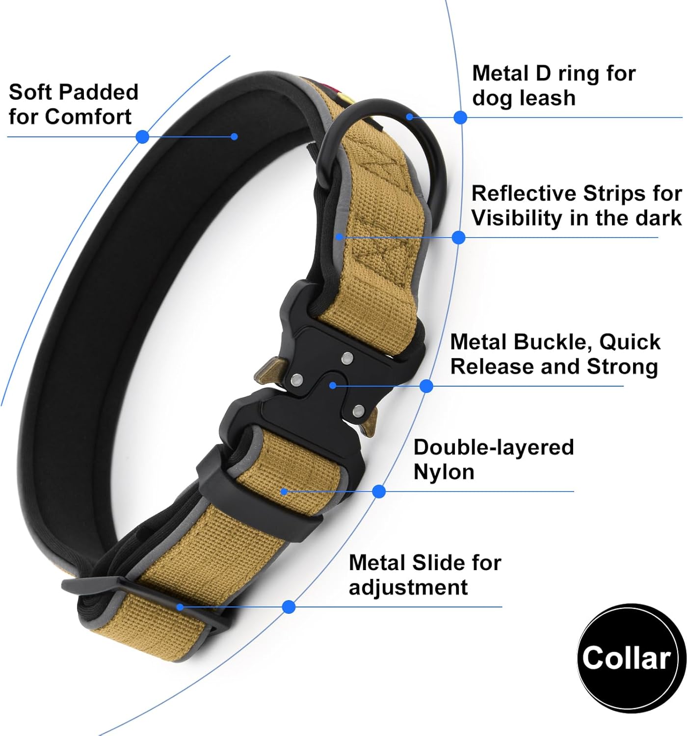 Plutus Pet Tactical Dog Collar, Reflective, Adjustable Heavy Duty Dog Collar, Soft Padded and Comfortable, for Small Medium and Large Dogs (Brown, XS)