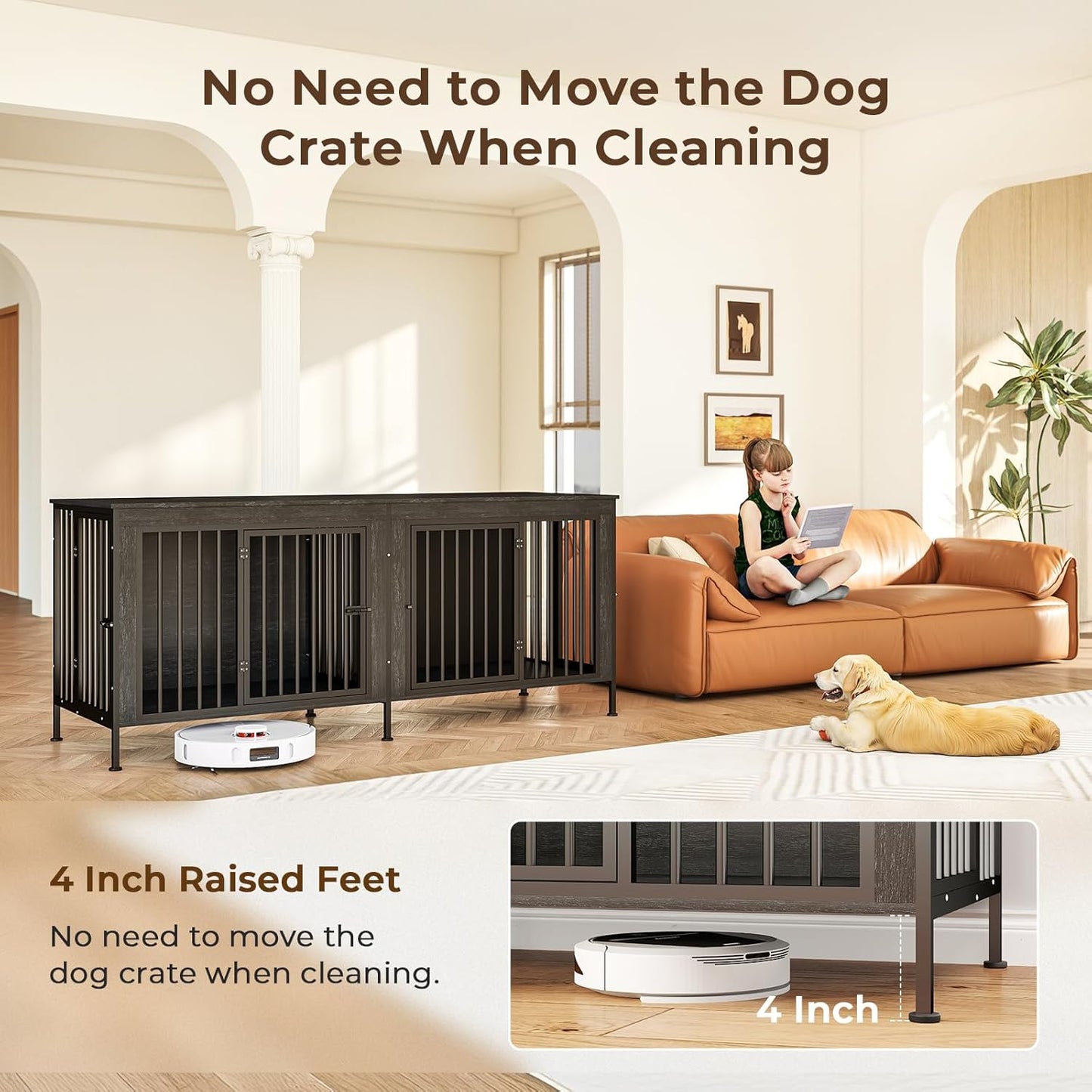 78 Inch Dog Cage Furniture for 2 Large/Medium Dogs with Removable Divider, Extra Large Double Doors Dog Kennel, XXL Thick Wooden Dog cage Furniture, Durable and Sturdy, Dark Grey