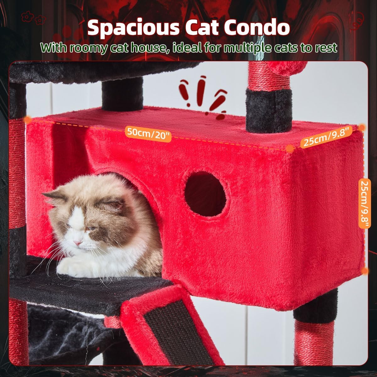 Taoqimiao Gothic Cat Tree 57.5-Inch, Cat Tower for Indoor Cats Large Adult, Large Cat Condo, 8 Sisal Scratching Posts, Metal Frame Cozy Hammock, Durable Scratch Board, 2 Perches, Black and Red MS026BR