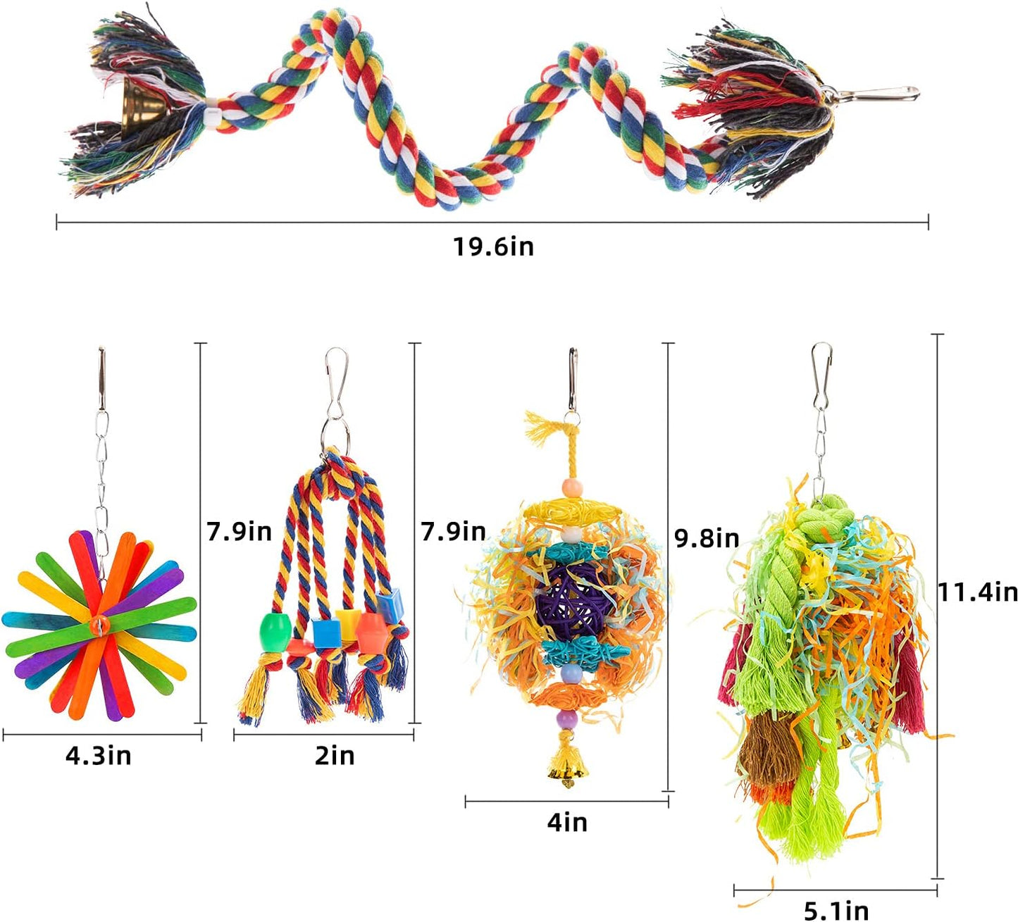 RLRICH 5PACK Colorful Shredder Bird Foraging & Hanging Toys, Comfy Perch Parrot Toy for Rope Bungee