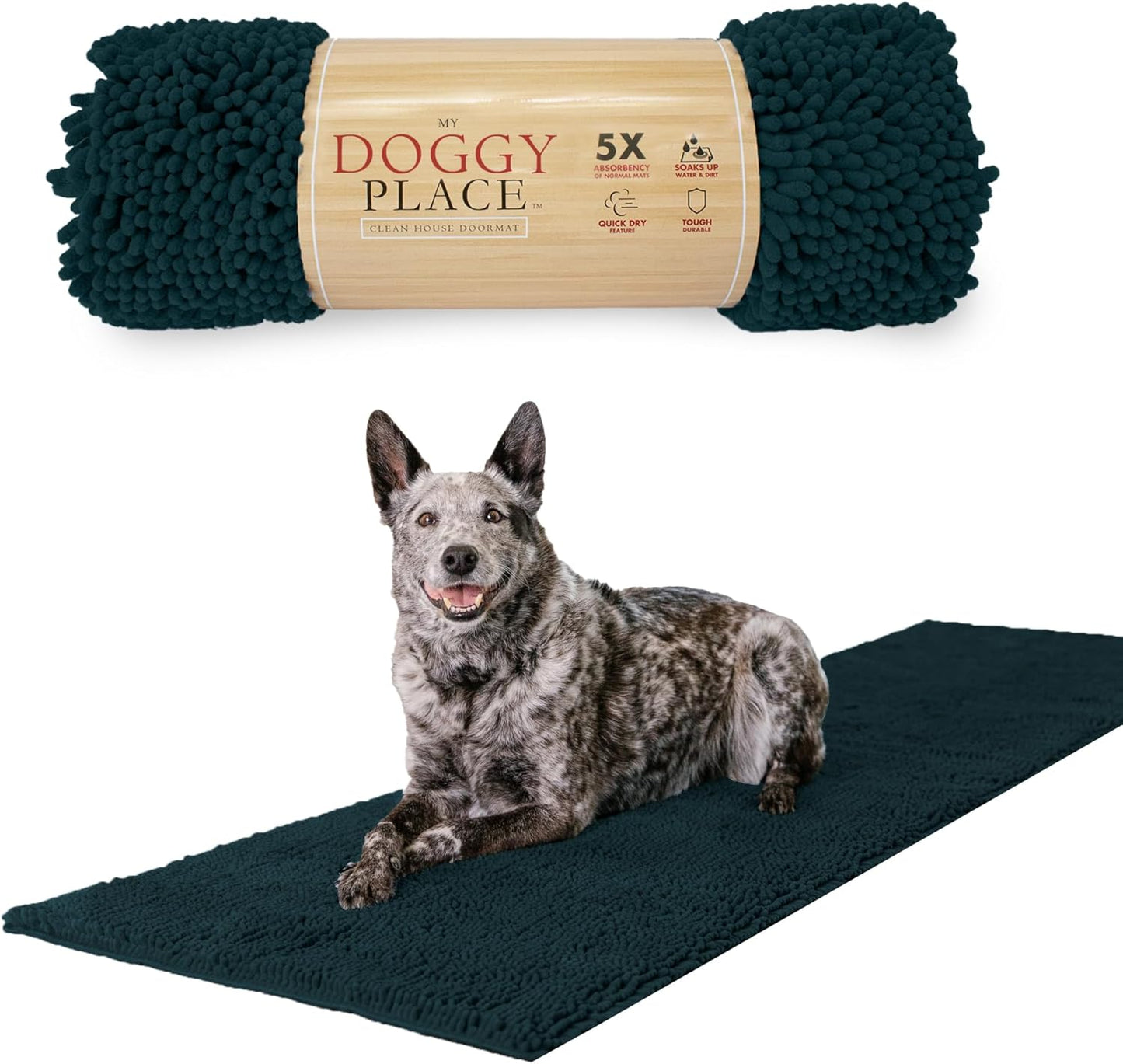 My Doggy Place Microfiber Dog Mat for Muddy Paws, 8' x 2' Teal - Non-Slip, Absorbent and Quick-Drying Dog Paw Cleaning Mat, Washer and Dryer Safe - Hallway Runner