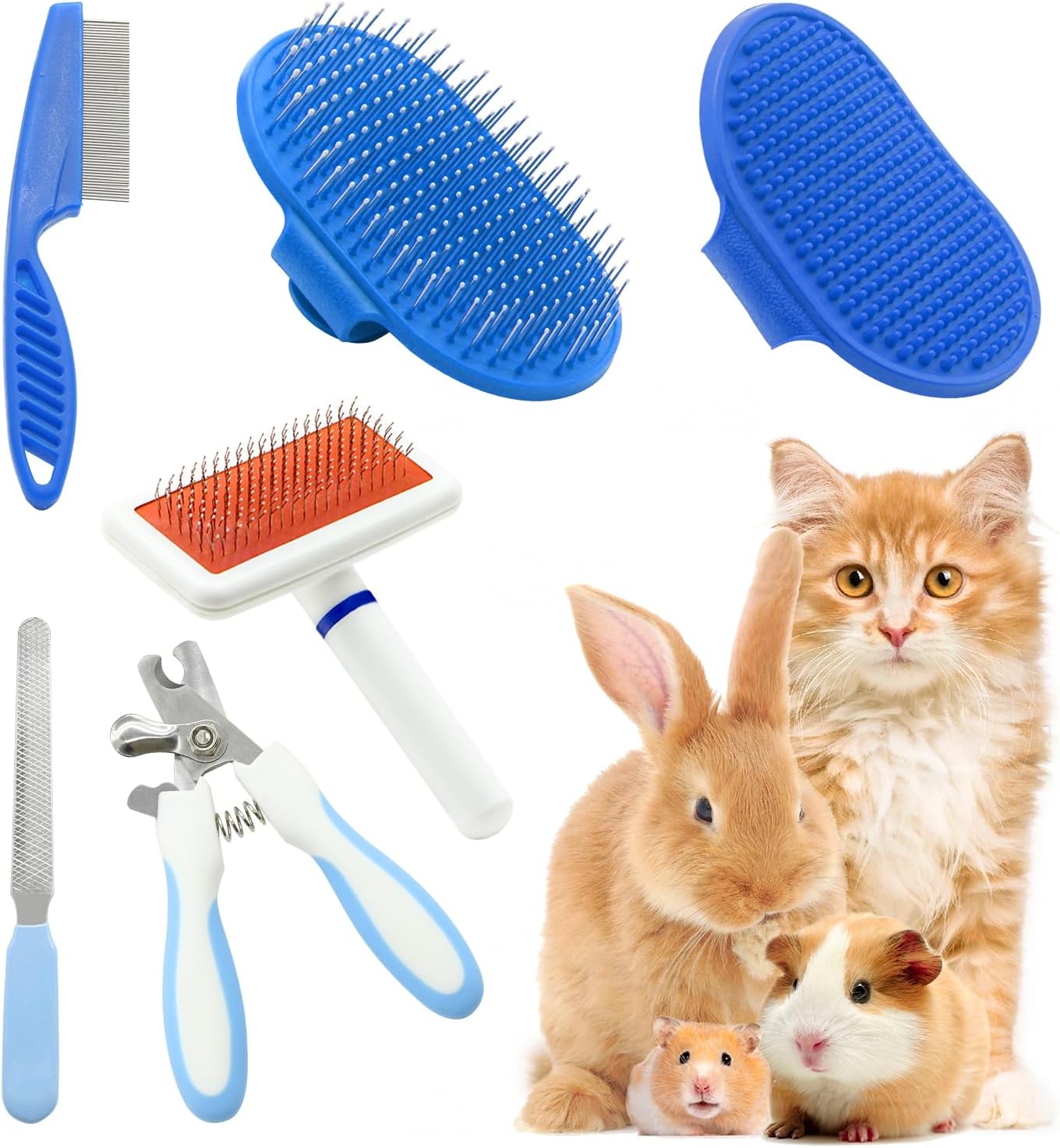 Pet Grooming Kit with Slicker Brush Bath Massage Glove Brush Pet Shedding Comb Nail Clipper Trimmer 6 Piece Set for Rabbit Kitten Guinea Pig Cat Chinchilla Ferret Small Animals