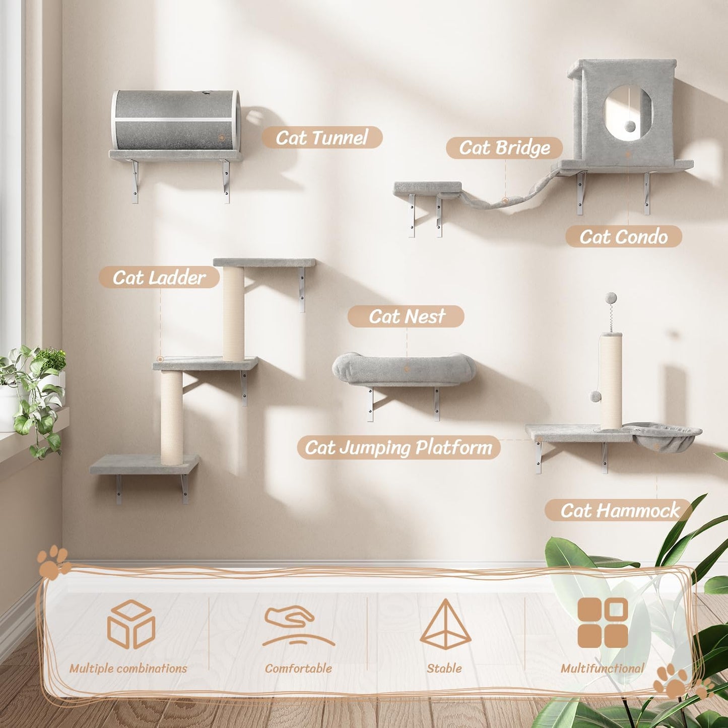 NUNU LAB Wall Mounted Cat Furniture, 7 Pcs Cat Wall Shelves with House, Tunnel, Bridge, Steps, Scratcher, Hammock, Bed, Indoor Safe & Stable Furniture for Kittens Play, Gray