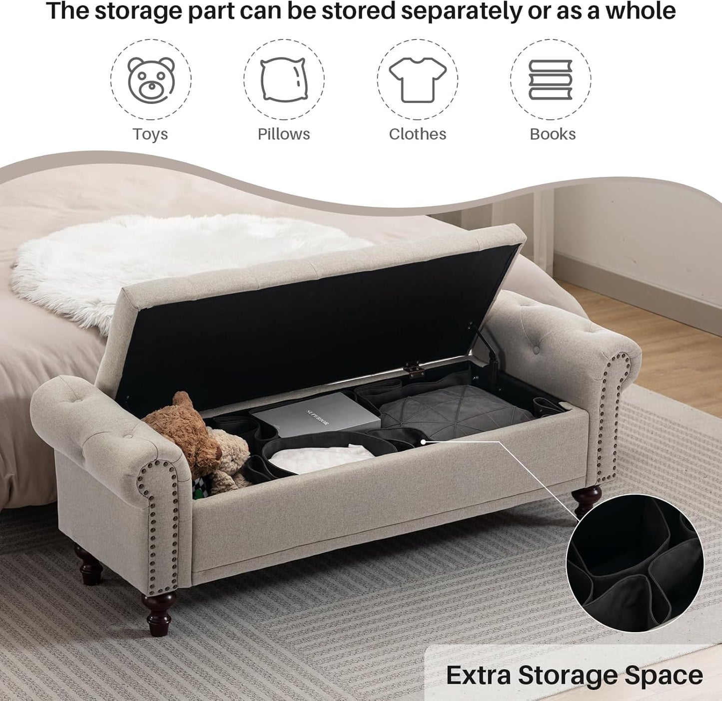 58.1'' Storage Bench Upholstered Linen End of Bedroom Bed Bench Ottoman with Tufted Cushioned Rolled Arm Large Storage Space for Reading Living Room Entryway, Light Brown