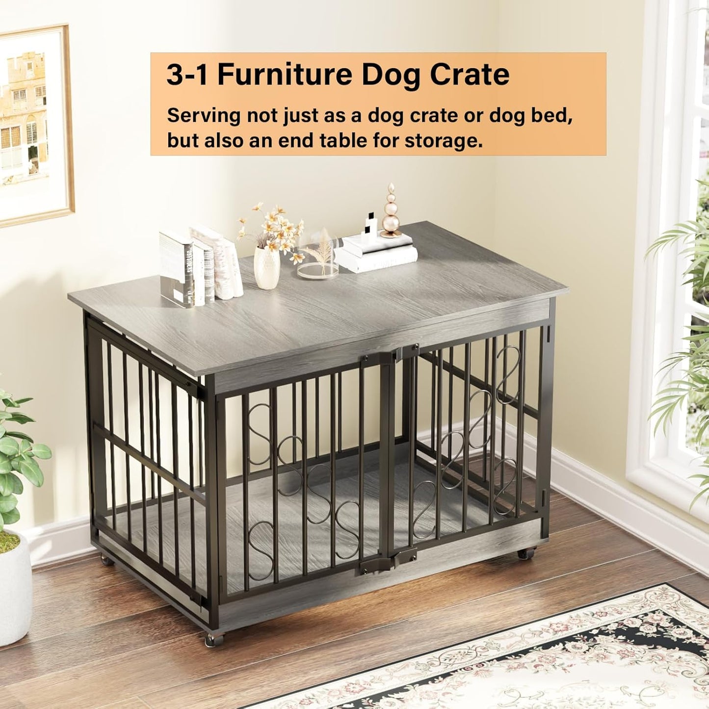 COZPAW Dog Crate Furniture, 48 Inch Dog Crates for Medium/Large Dogs, Farmhouse Wood Dog Kennel Indoor Heavy Duty Dog Cage with Caster Wheels (Gray)
