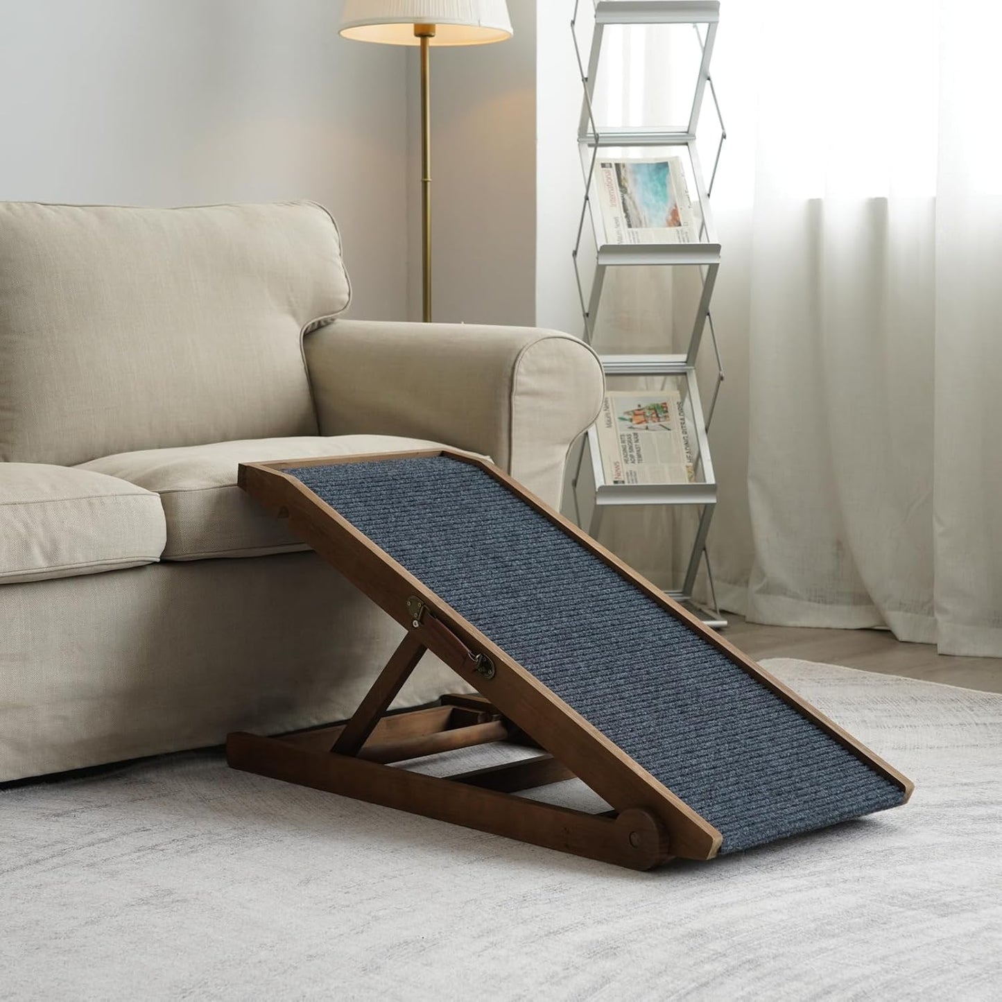 Dog Ramp for Bed Couch - Pet Steps Stairs to Get on Bed Couch 11.8"-19.6" High for Small or Large Dog Up to 200 lbs, Adjustable Wooden Dog Ramp Steps Foldable Portable, Anti-Slip Carpet (Brown)