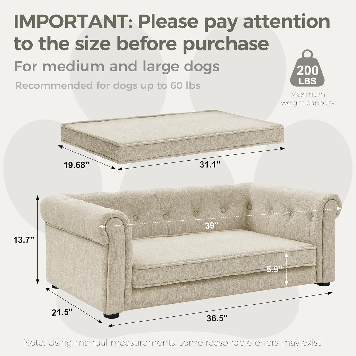 Dog Sofa Couch for Medium to Large Dogs, 31" Memory Foam Dog Couch with Washable Fabric, Removable Cushion, Sofa Bed for Medium and Large Dogs, Beige