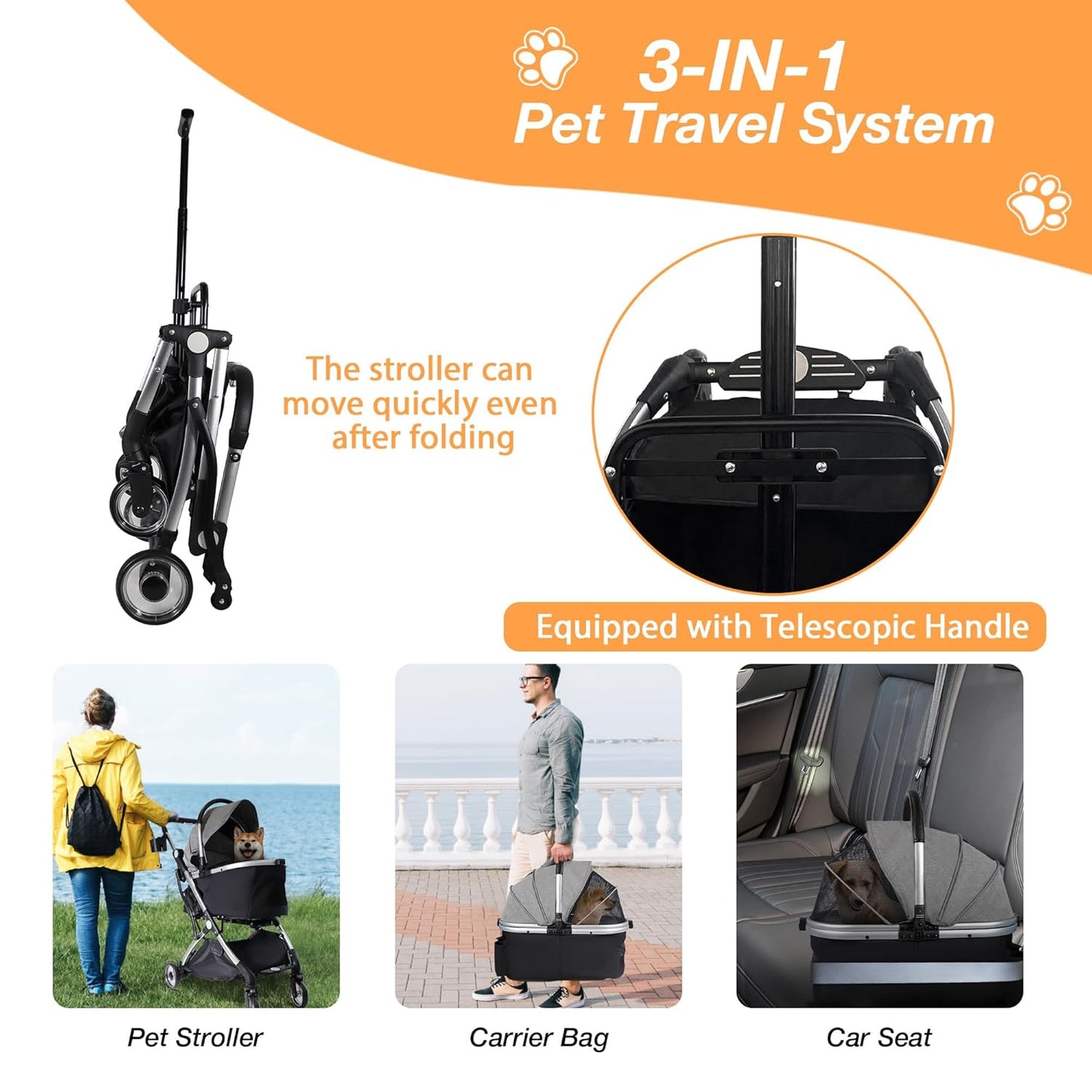 Dog Stroller for Small Medium Dogs, 3 in 1 Folding Pet Stroller Up to 33 lbs, 4 Wheels Pet Strolling Cart with Zipperless Entry, Cat Dog Travel Carrier with Telescopic Handle and Storage Basket