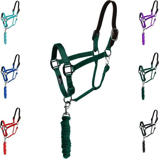 Majestic Ally Leather Halter with Matching Lead Rope for Horses – Leather Breakaway Crown - Adjustable Chin Strap – Rolled Throat Latch – Padded Noseband – Full (Hunter Green, Full)