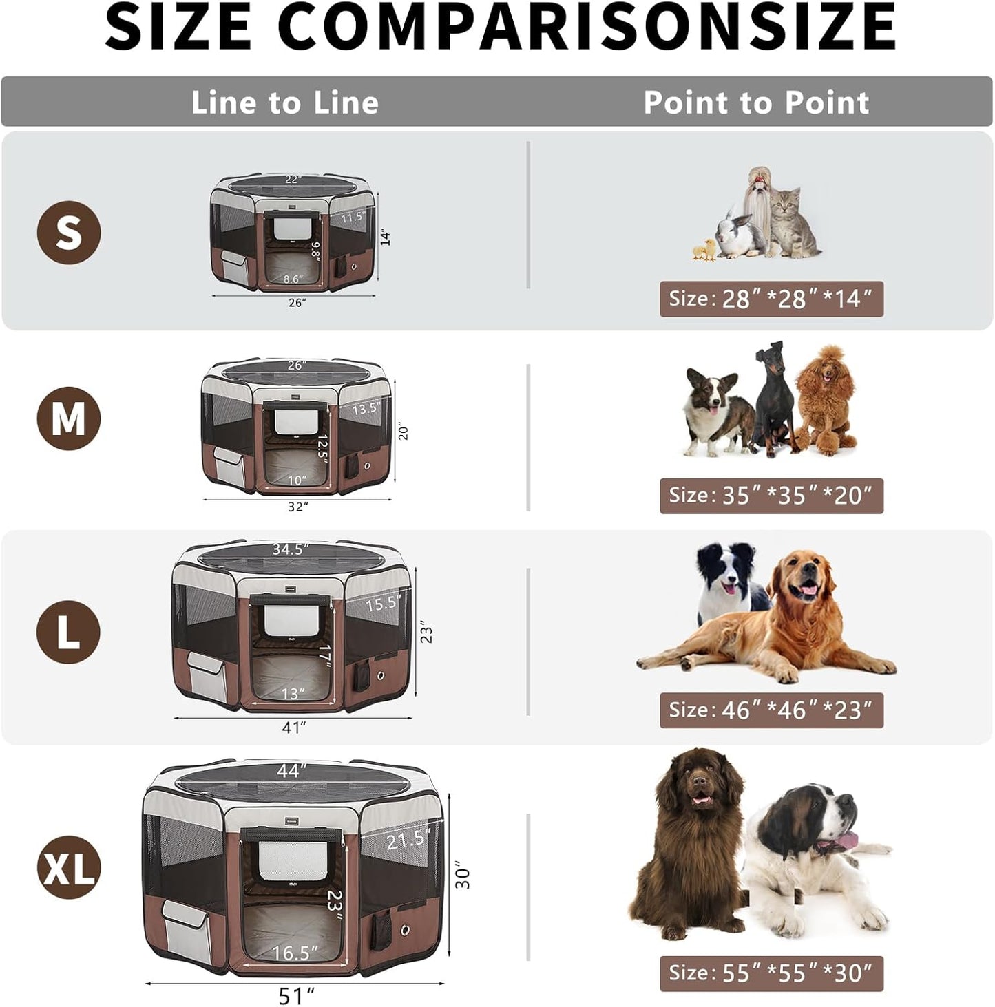 DONORO Dog Playpen 46" Portable Pet Play Pens for Small Medium Dogs, Foldable Exercise Kennel Tent Crate Indoor/Outdoor Travel Camping, Removable Top/Bottom (Brown, Large (46"x46"x23"), 8)