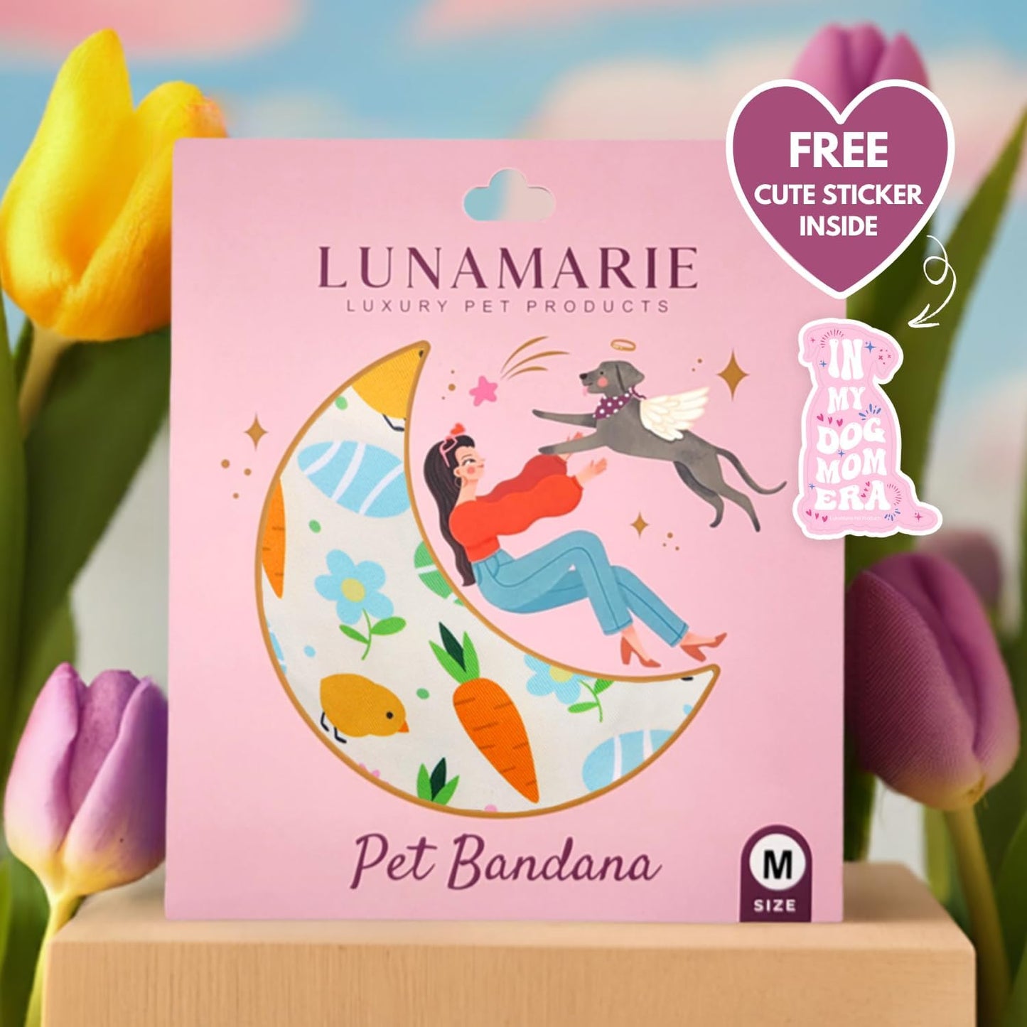 LunaMarie - Luxury Pet Birthday Bandanas -Premium & Silky Poly Fabric | 100% Handmade | Custom Shape Dual Layered (Easter Garden, Large)